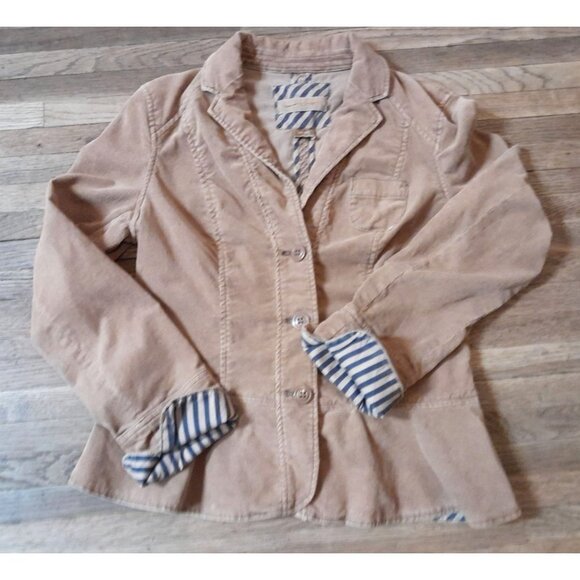 Anthropologie Corduroy Preppy Blazer Jacket Tan Striped Lining Womens Size 6 - Picture 1 of 12